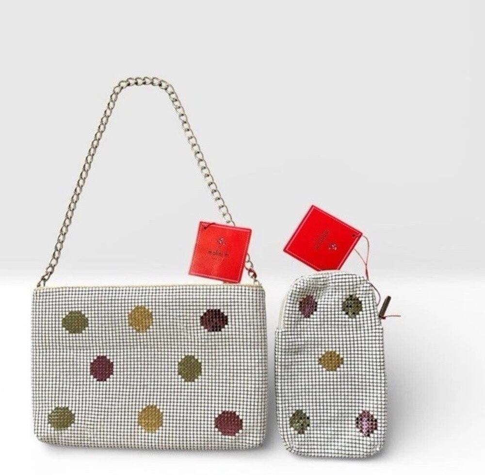 Rare Malini M. Vtg White Metal Mesh Polka Dot Bag w Matching glass case
